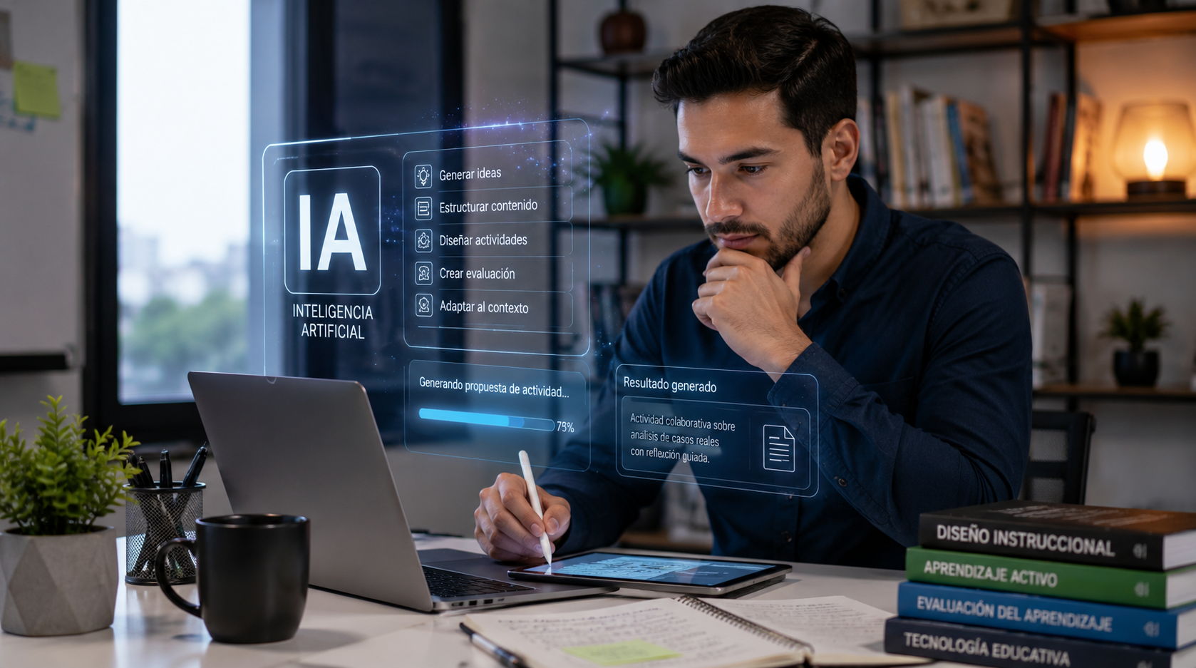Mujer profesional utilizando Inteligencia Artificial Generativa para crear materiales educativos